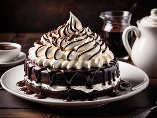 A chocolate cake drizzled with rich chocolate syrup and topped with fluffy whipped cream by ai generated