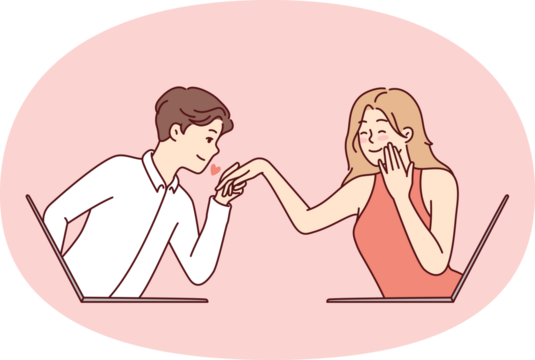 Determined guy kisses hand of embarrassed girl looking out of laptop screen. Metaphor of online dating and flirting in email correspondence or remote rendezvous lovers
