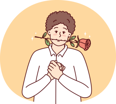 Timid young guy with rose in mouth clenching palms in front of chest looks at screen with head tilted to side. Man in white shirt hopes girl will like him and invite lover on date