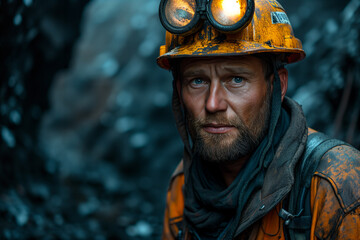 Fototapeta premium Miner in the mine. Well-uniformed miner inside mine raising thumb, conceptual photo