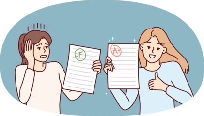 Two teen girls demonstrate sheets paper with positive and negative mark for completing exam task. Happy and upset female students share final test results for college admissions