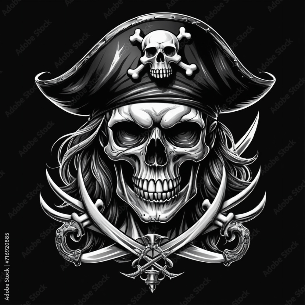 Wall mural Skull pirates tattoo design dark art illustration isolated on black background