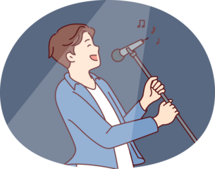 Man pop star sings song leaning back with microphone on tripod in hands during performance at concert. Happy guy performs popular song for own fans while standing in spotlight
