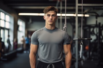 Fototapeta na wymiar Portrait of a serious boy in his 20s doing resistance band exercises in a gym. With generative AI technology
