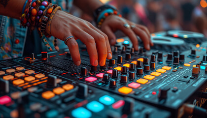 DJ is mixing music with deejay controller at outdoor party - nightlife people lifestyle concept. Close up of musican hands. Dj day