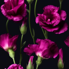 Seamless pink eustoma russellianum flowers pattern on black background. Generative ai
