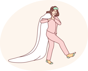 Happy woman in pajamas and socks after morning awakening walks dragging blanket behind back. Young caucasian girl in good mood goes to bed to rest after hard day work