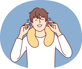 Happy man uses earplugs and neck pillow to rest during long journey on bus or plane. Positive guy traveler is in good mood after getting enough sleep on train