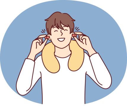 Happy man uses earplugs and neck pillow to rest during long journey on bus or plane. Positive guy traveler is in good mood after getting enough sleep on train