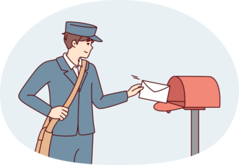 Man in postman uniform throws paper letter into metal mailbox located on street. Guy delivers fresh mail with alerts from government agencies or messages from friends