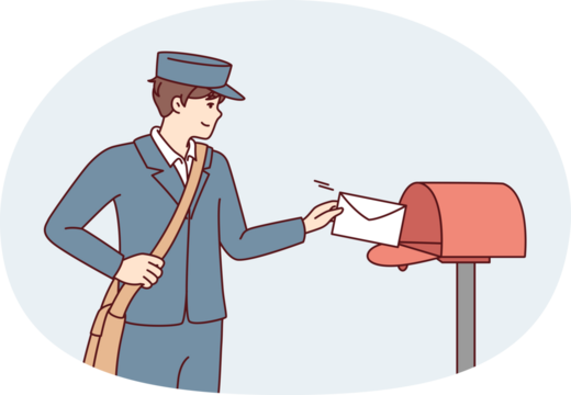 Man in postman uniform throws paper letter into metal mailbox located on street. Guy delivers fresh mail with alerts from government agencies or messages from friends