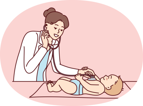 Woman pediatrician using stethoscope to listen to heartbeat of nursing baby at routine medical checkup. Kid lies near girl in white coat who takes care of health of small patient