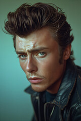 a handsome guy in 1970s style with retro hair