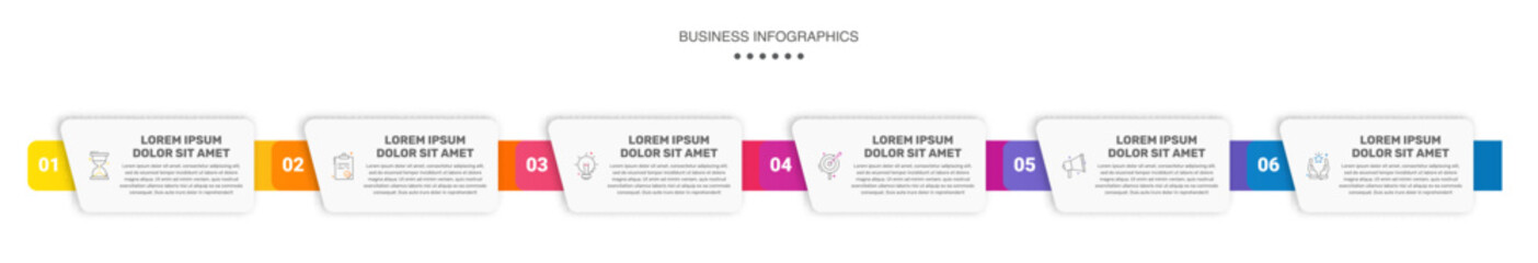 Vector business infographics design template. Timeline with six options, steps, labels, marketing icons. Illustration used for workflow layout, diagram, presentations, flow chart, banner, info graph.