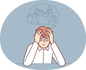 Young man closing eyes imagines that became professional athlete and participates in boxing match in ring. guy takes nap sitting at table and sees in dream fight in gloves.