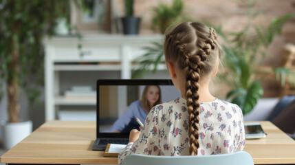 young girl engaged in an online learning session, writing notes while participating in a video call with a teacher on her laptop at a home study setup