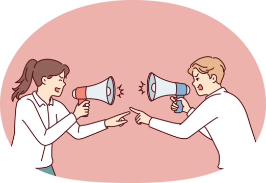 Aggressive men and women with megaphones quarreling and pointing fingers at each other. Guy and girl office employees are screaming trying to find culprit in losses of company