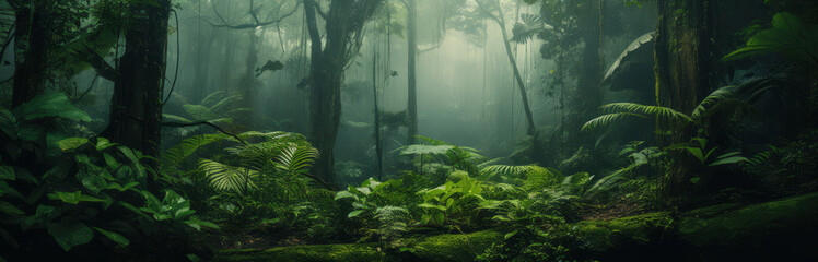Background Deep forest tropical jungles of Southeast Asia with fog. Mystical banner fantasy backdrop, Realistic nature Illustration. - obrazy, fototapety, plakaty