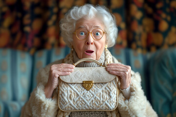 A charming old lady in expensive clothes holds her handbag tightly with a surprised look on her face