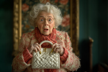 A charming old lady in expensive clothes holds her handbag tightly with a surprised look on her face