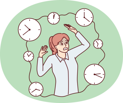 Frightened woman screaming and raising hands standing among clocks symbolizing tough deadlines. Girl panics because of inability to have time to complete work on time
