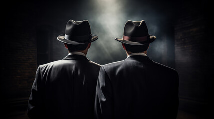 Old fashioned detective or mafia in hat on dark background, black and white color - obrazy, fototapety, plakaty
