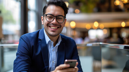 Smiling man is holding and looking at a smartphone, with a backdrop of blurred office lights.