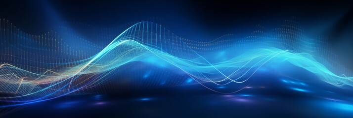 Blue neon color Abstract technology background banner, Network light effect. Concept visualization of sound waves