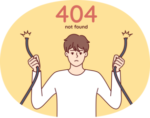 Eror 404 with sad man holding broken wire in hands and having trouble accessing internet site. Guy with damaged network cable symbolizing web error when trying to access server