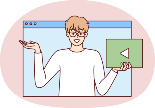 Man with play button in hand looks out of web browser window. Young guy in white t-shirt recommends that subscribe to video blog or do business promotion on social networks