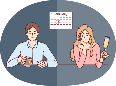 Man and woman celebrate February 14 alone due to absence of second half. Unhappy guy and girl are sad sitting at table because of separation on Valentine Day
