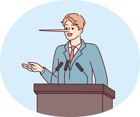 Dishonest man politician with long nose stands behind podium during election campaign. Statesman in...