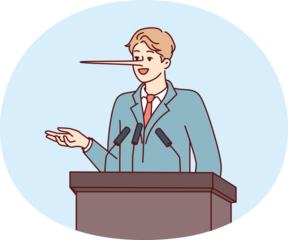 Dishonest man politician with long nose stands behind podium during election campaign. Statesman in business attire makes false and populist statements to potential voters