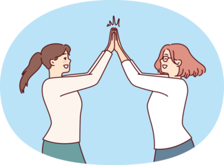 Two happy women rejoice high five greet each other after long-awaited meeting. Positive girls in casual clothes are happy to know about next vacation and joint summer trip