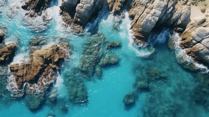 Aerial view of beautiful seascape with blue ocean waves and rocks