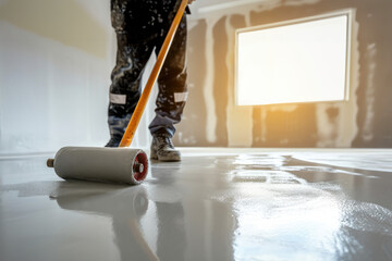 Master with needle roller for new screed concrete with self leveling cement mortar for floors. Concept building renovation home