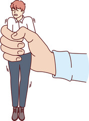 Business man is under pressure and needs help, located in hand of manager squeezing employee to get more results. Metaphor of pressure on subordinates causing frustration and rapid burnout among staff
