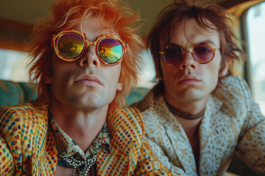 two handsome guys in 1970s style with retro hair and glasses
