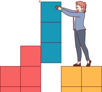 Business woman assembles structure from giant tetris blocks using skills of building own company or startup. Concept using strategic thinking to create sustainable corporate structure