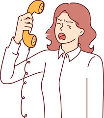 Aggressive woman secretary screams into telephone, arguing with clients or partners because of...