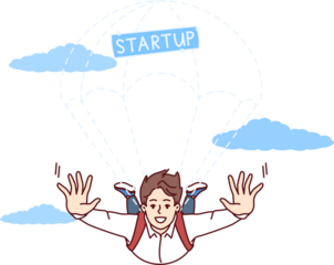 Business man with parachute from startup inscription flies in sky, demonstrating willingness to take risks to launch own company. Successful guy shows courage and ambition by organizing startup