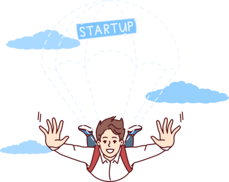 Business man with parachute from startup inscription flies in sky, demonstrating willingness to take risks to launch own company. Successful guy shows courage and ambition by organizing startup