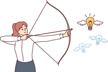 Woman hunting for new ideas, holding bow and arrow and aiming at flying light bulb to achieve business goals. Concept brainstorming to obtain ideas and self-realization for ambitious company manager