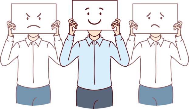 Business people with different emotions depicted on posters hiding faces symbolize lack of unanimous opinion among team. Men in office clothes and showing banners with bad or good emotions