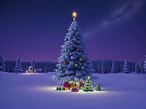 A photo of Christmas Tree And Gift Boxes On Snow In Night Generative AI