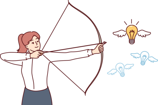 Woman hunting for new ideas, holding bow and arrow and aiming at flying light bulb to achieve business goals. Concept brainstorming to obtain ideas and self-realization for ambitious company manager