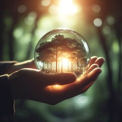 translucent crystal ball reflection of tree in hand It's like protecting nature. harmonious ecosystem