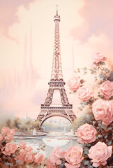 eiffel tower with pink roses, junk journal