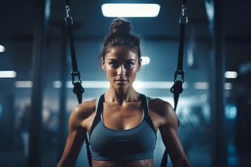 Portrait of an energetic girl in her 20s doing trx exercises in a gym. With generative AI technology