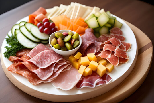 A charcuterie board with cured meats and pickles